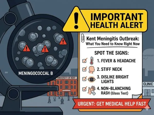 Public health infographic for Kent Meningitis B outbreak. It lists symptoms like stiff neck, light sensitivity, and non-blanching rash. It warns that MenACWY vaccines do not protect against MenB and highlights emergency clinics at Westgate Hall and the Gate Clinic.